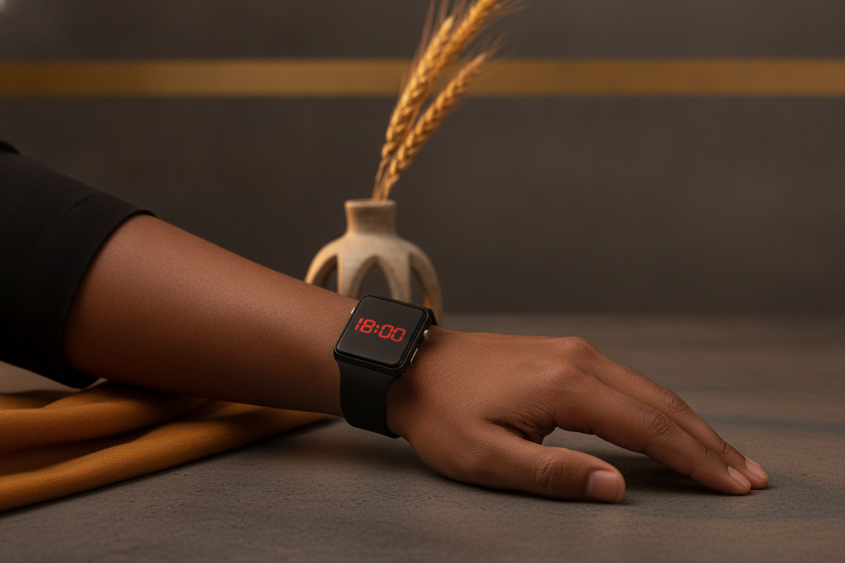 A Casio Men GShock Watch on a person's wrist in a minimalist setting with warm accents.