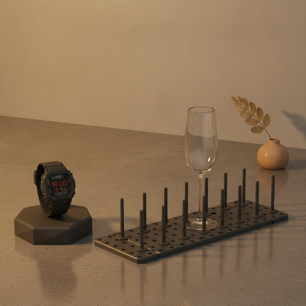 A Casio G-Shock watch and a dark metal drain shelf with a champagne flute, on a polished concrete surface.